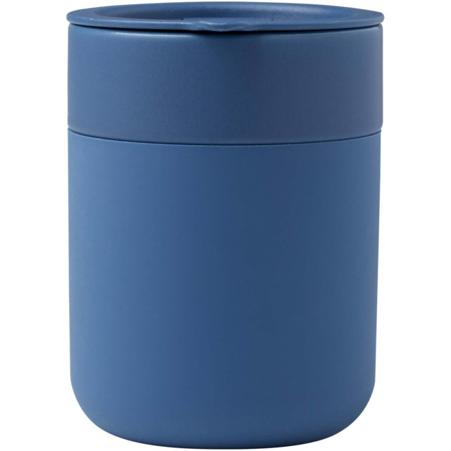 Java 330 ml Keramikbecher mit Silikonhülle und Kunststoffdeckel - blau - Vorderseite