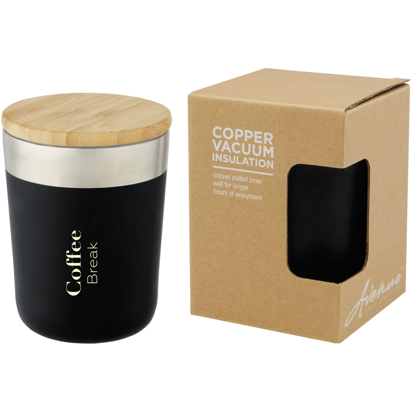 Lagan 330 ml Kupfer-Vakuum Isolierbecher mit Bambusdeckel - schwarz - Logo 2