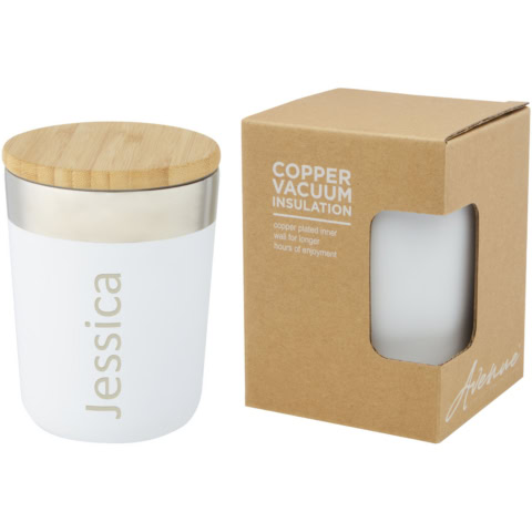Lagan 330 ml Kupfer-Vakuum Isolierbecher mit Bambusdeckel - weiss - Logo 3