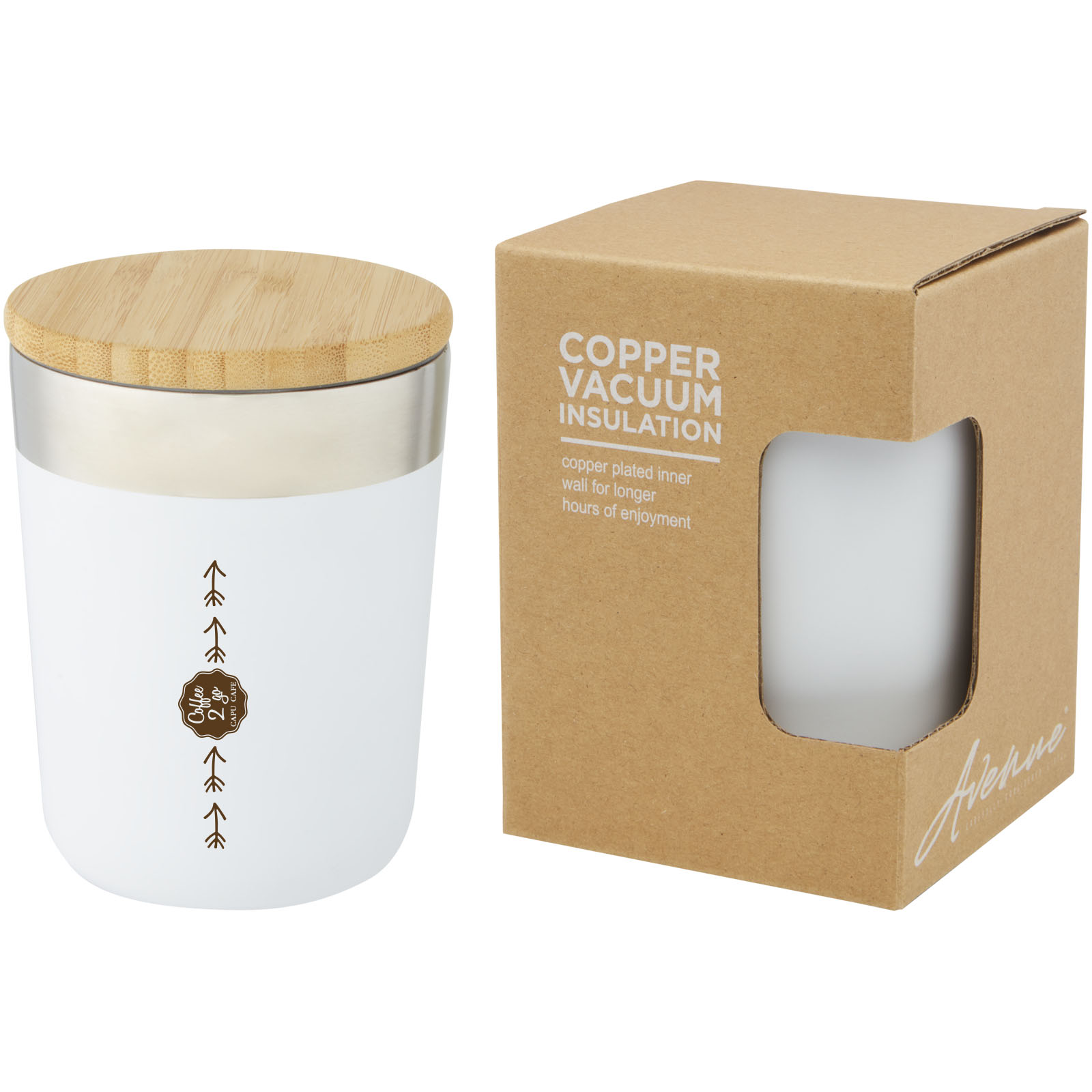 Lagan 330 ml Kupfer-Vakuum Isolierbecher mit Bambusdeckel - weiss - Logo 1