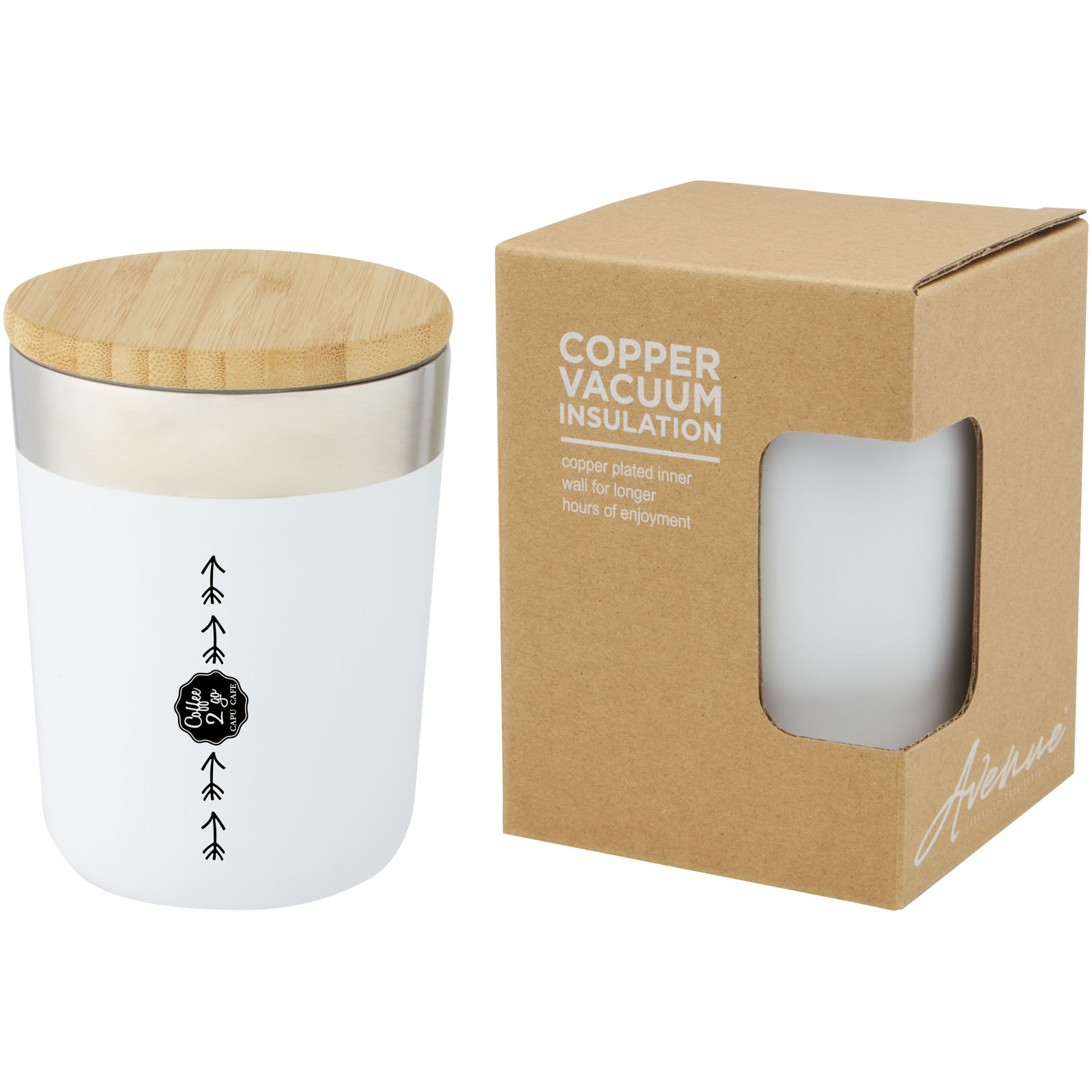 Lagan 330 ml Kupfer-Vakuum Isolierbecher mit Bambusdeckel - weiss - Logo 2