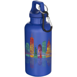 Oregon 400 ml einfarbige RS-zertifizierte Trinkflasche aus recyceltem Kunststoff mit Karabinerhaken - dunkelblau - Logo 1