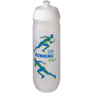 Logo-Trinkflasche mit Lauf- und Sprintmotiven, 750 ml, weiß/klar mattiert.