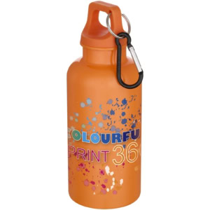 Oregon 400 ml einfarbige RS-zertifizierte Trinkflasche aus recyceltem Kunststoff mit Karabinerhaken - orange - Logo 1