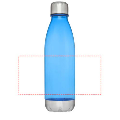 Transparente blaue Sportflasche mit silbernem Deckel.