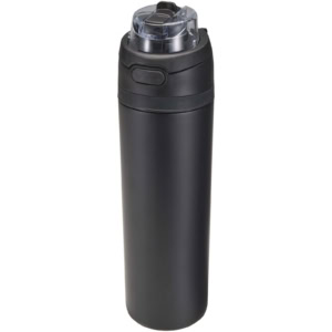 Theron 800 ml RCS Trinkflasche aus recyceltem, einwandigem Edelstahl mit Multifunktionsdeckel und Klappstrohhalm – schwarz