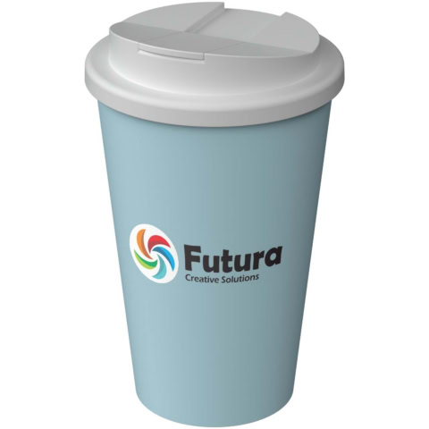 Blaue Trinkflasche mit weißem Deckel und Futura-Logo.