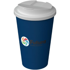 Trinkflasche mit Logo Futura auf blauem Hintergrund.
