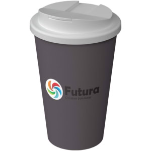Dämmergrauer Isolierbecher mit Logo Futura und auslaufsicherem Deckel.