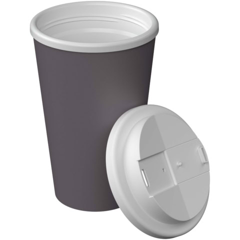 Dämmergrauer Trinkbecher mit auslaufsicherem Deckel.