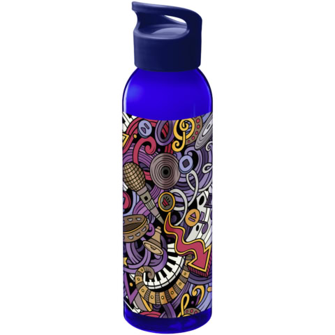 Blaue Tritan™ Sportflasche mit buntem, künstlerischem Design.