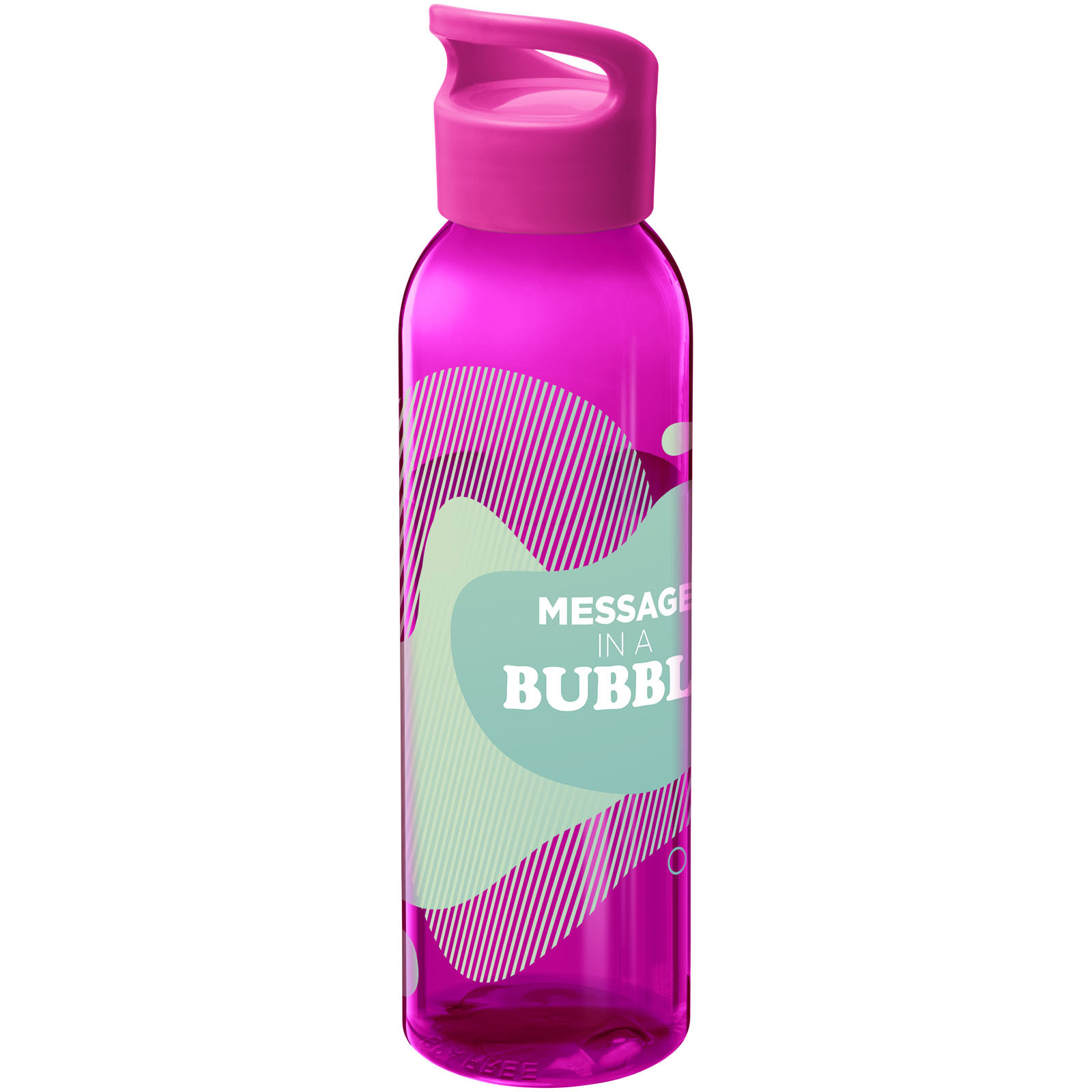 Magenta Trinkflasche mit Spruch 'Message in a Bubble'.