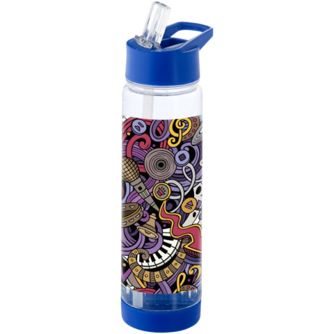 Transparente Trinkflasche mit buntem Frucht- und Musikdesign, blauer Deckel.