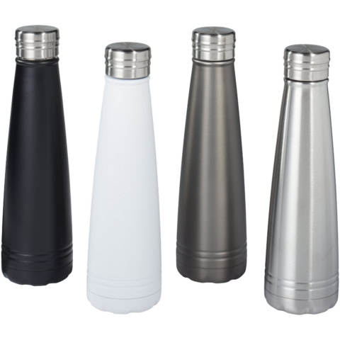 Verschiedene Edelstahl-Trinkflaschen in Schwarz, Weiß, Grau und Silber.