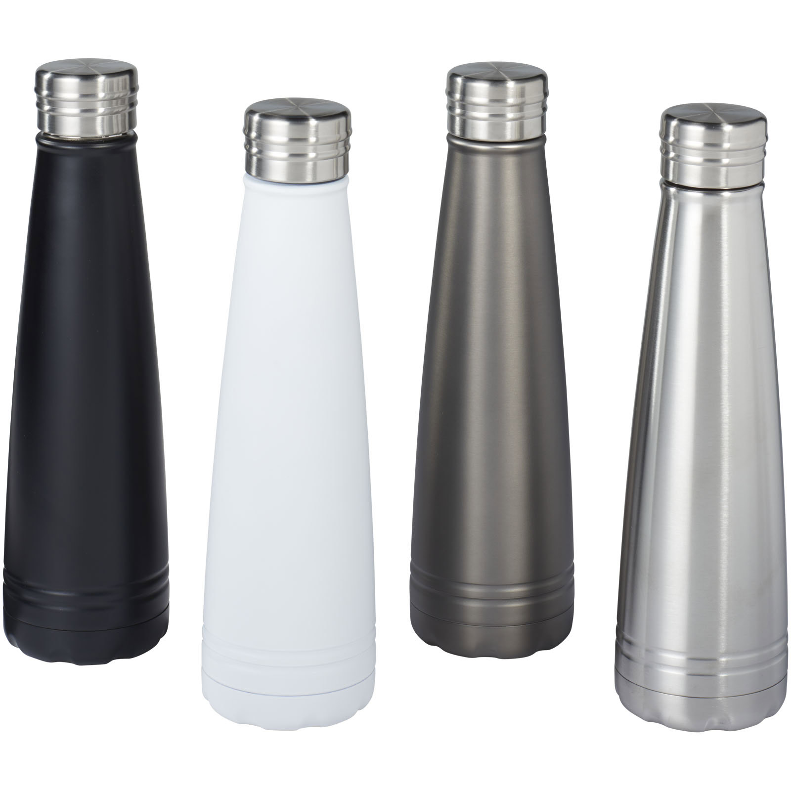 Verschiedene Edelstahl-Trinkflaschen in Schwarz, Weiß, Grau und Silber.