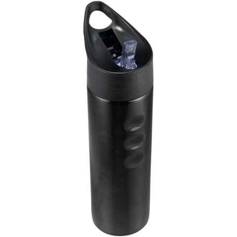 Schwarze Edelstahl Trinkflasche mit Trinkverschluss.