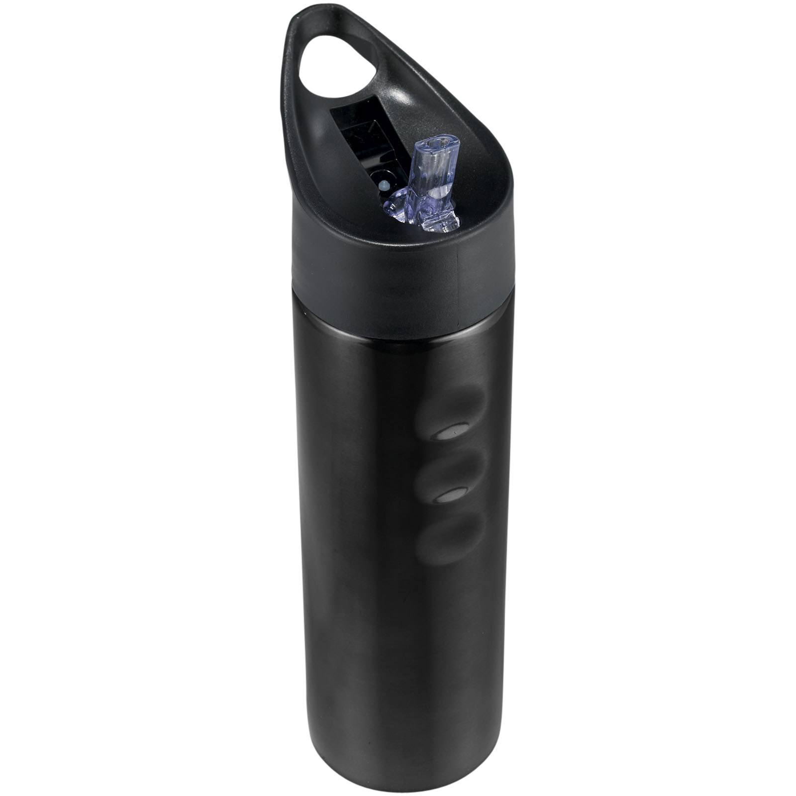 Schwarze Edelstahl Trinkflasche mit Trinkverschluss.