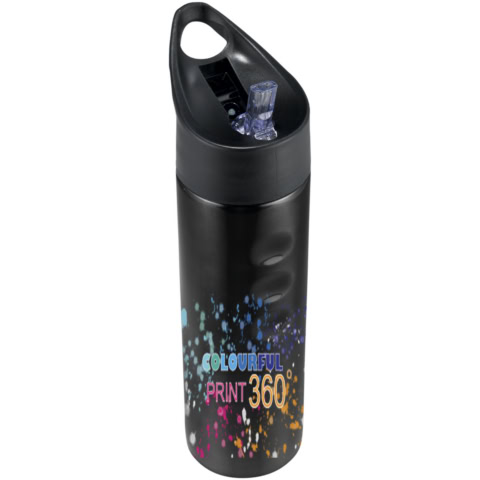 Schwarze Edelstahl-Trinkflasche mit farbigem Logo-Print.