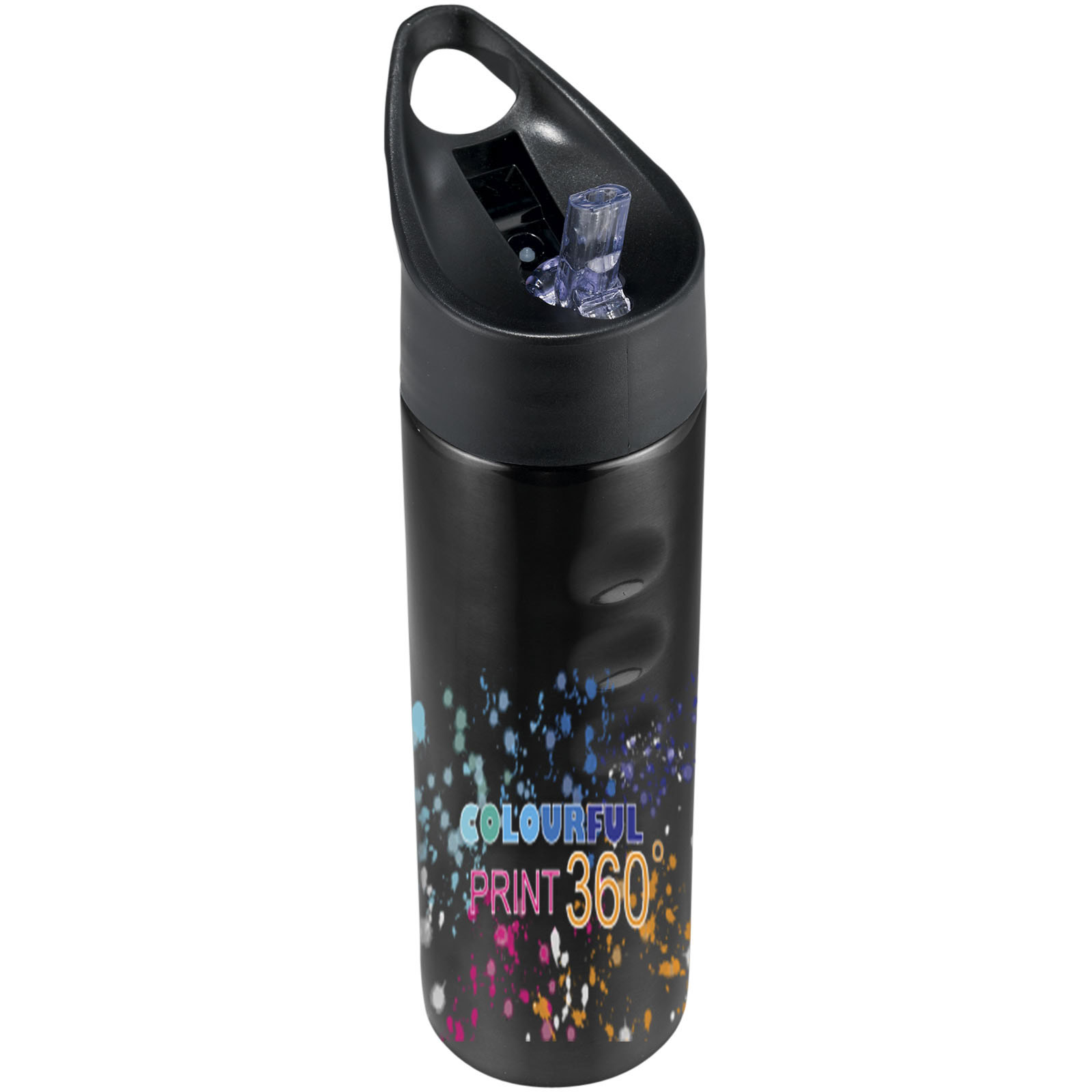Schwarze Edelstahl-Trinkflasche mit farbigem Logo-Print.
