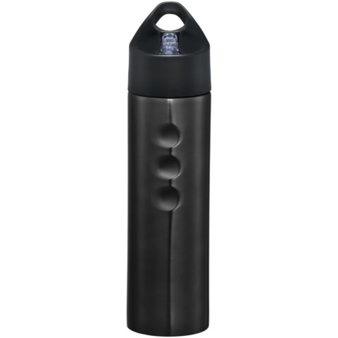Schwarze Edelstahl Sportflasche mit Deckel und Tragegriff.