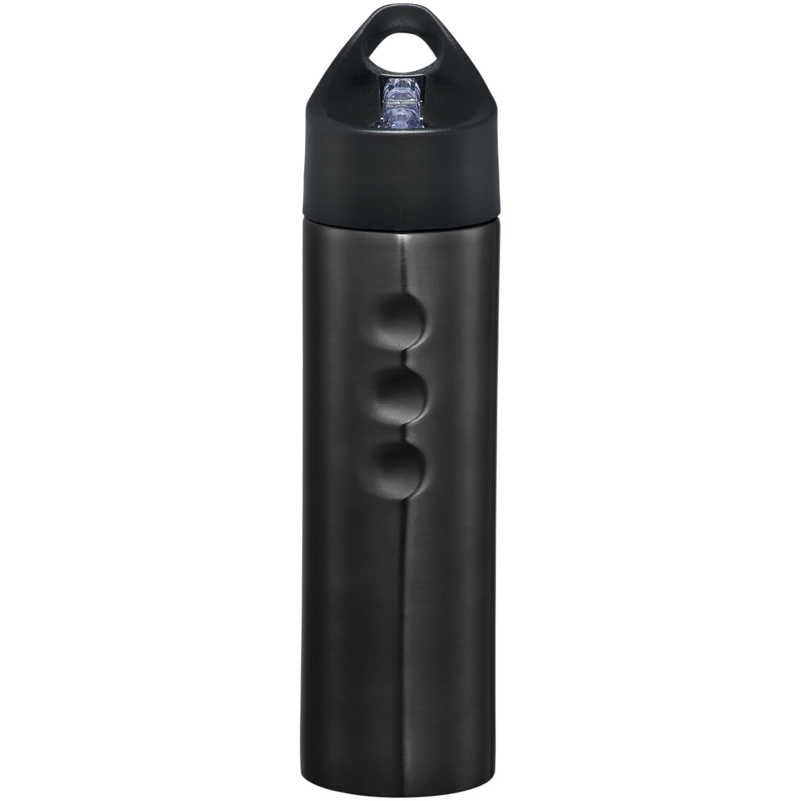 Schwarze Edelstahl Sportflasche mit Deckel und Tragegriff.