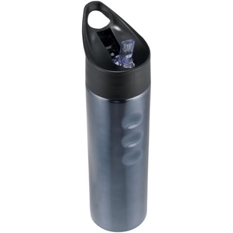 Edelstahl Sportflasche mit transparentem Deckel und Trinkverschluss.