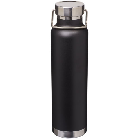 Schwarze Vakuum-Isolierflasche mit Edelstahlverschluss.