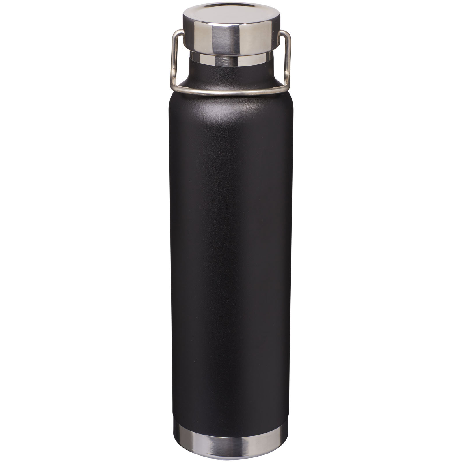 Schwarze Vakuum-Isolierflasche mit Edelstahlverschluss.