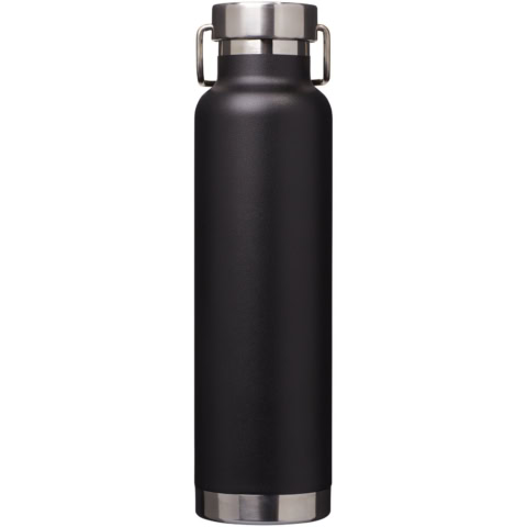 Schwarze Isoliersportflasche mit Edelstahlverschluss, 650 ml Kapazität.