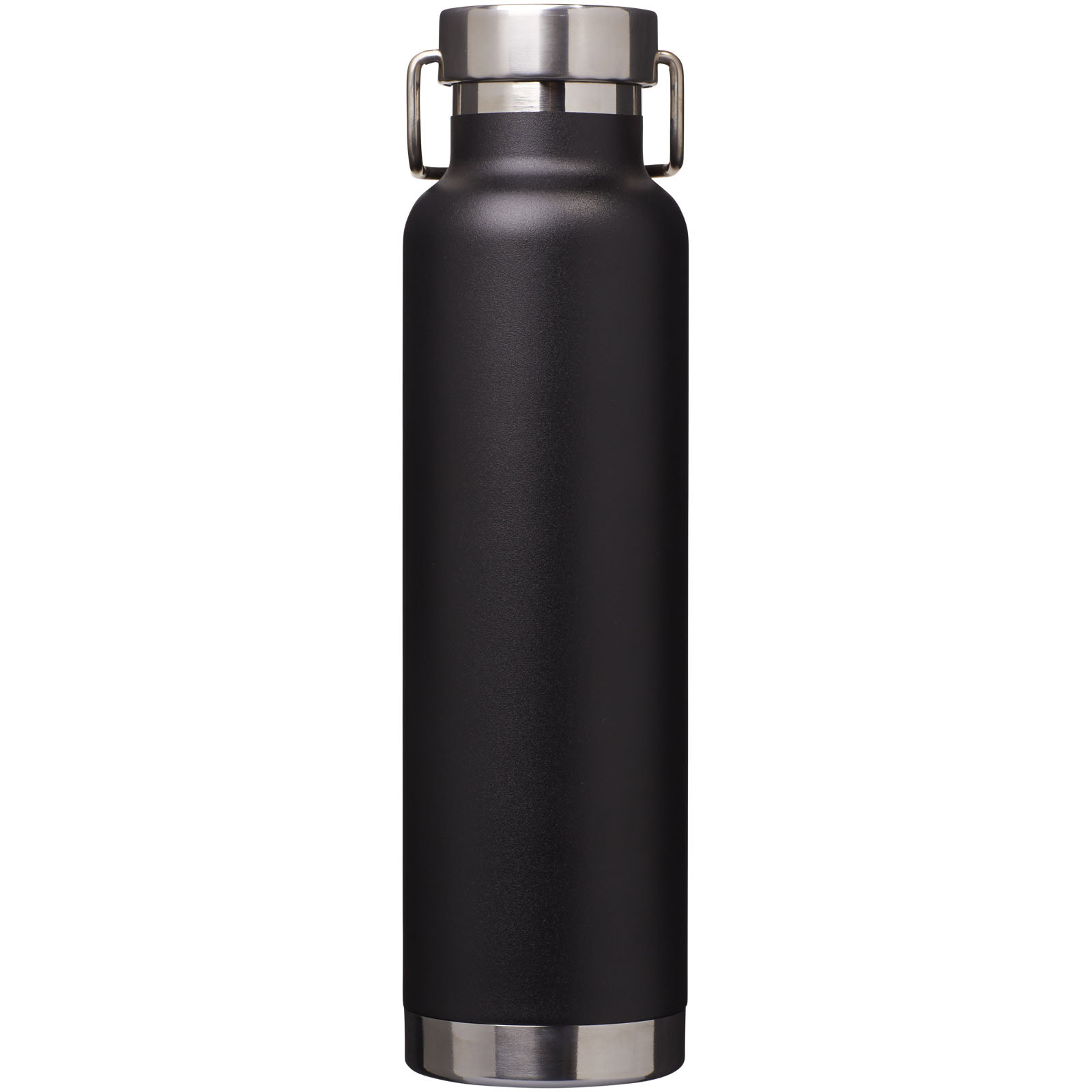 Schwarze Isoliersportflasche mit Edelstahlverschluss, 650 ml Kapazität.