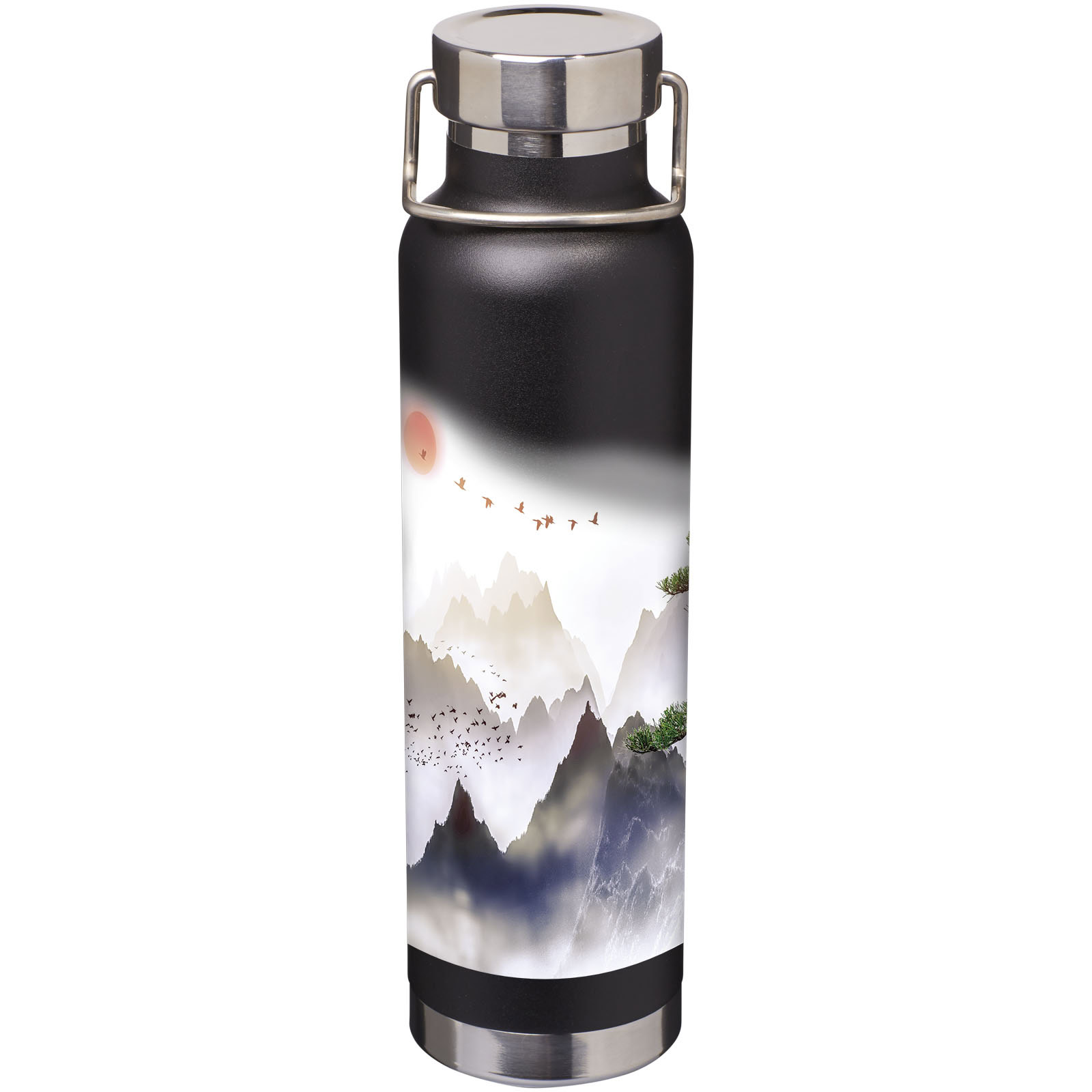 Schwarze Isolierflasche mit Berg- und Himmelmotiv, 650 ml Kapazität.