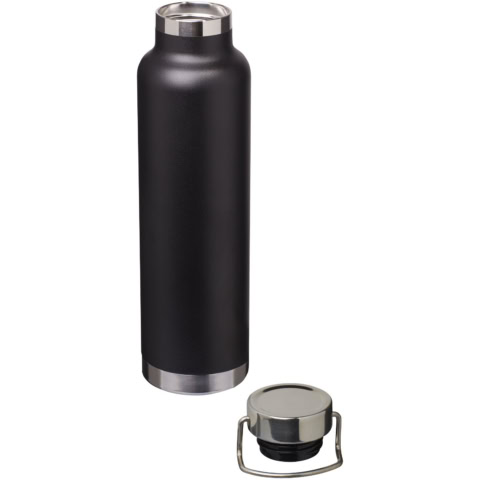 Schwarze Vakuum-Isolierflasche mit Edelstahlverschluss.