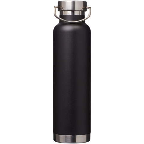 Schwarze Isoliersportflasche mit Edelstahlverschluss, 650 ml Kapazität.