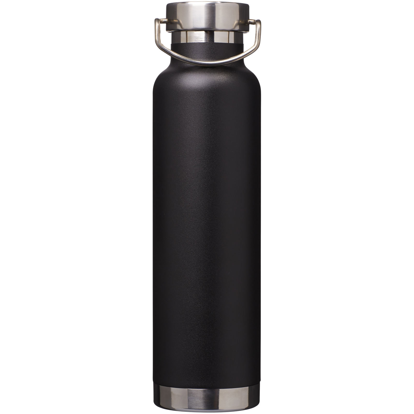 Schwarze Isoliersportflasche mit Edelstahlverschluss, 650 ml Kapazität.