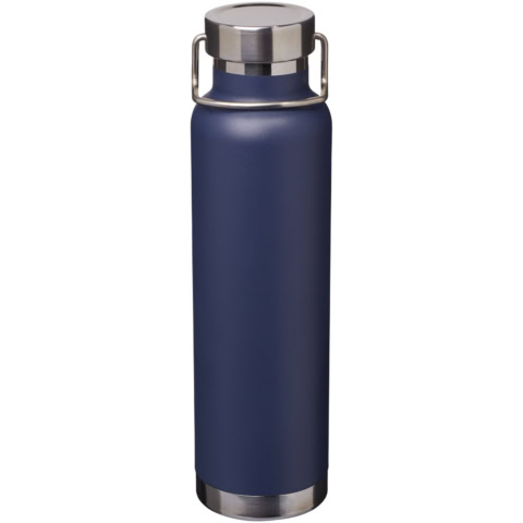 Navy blaue Vakuum-Isolierflasche mit Edelstahlverschluss.