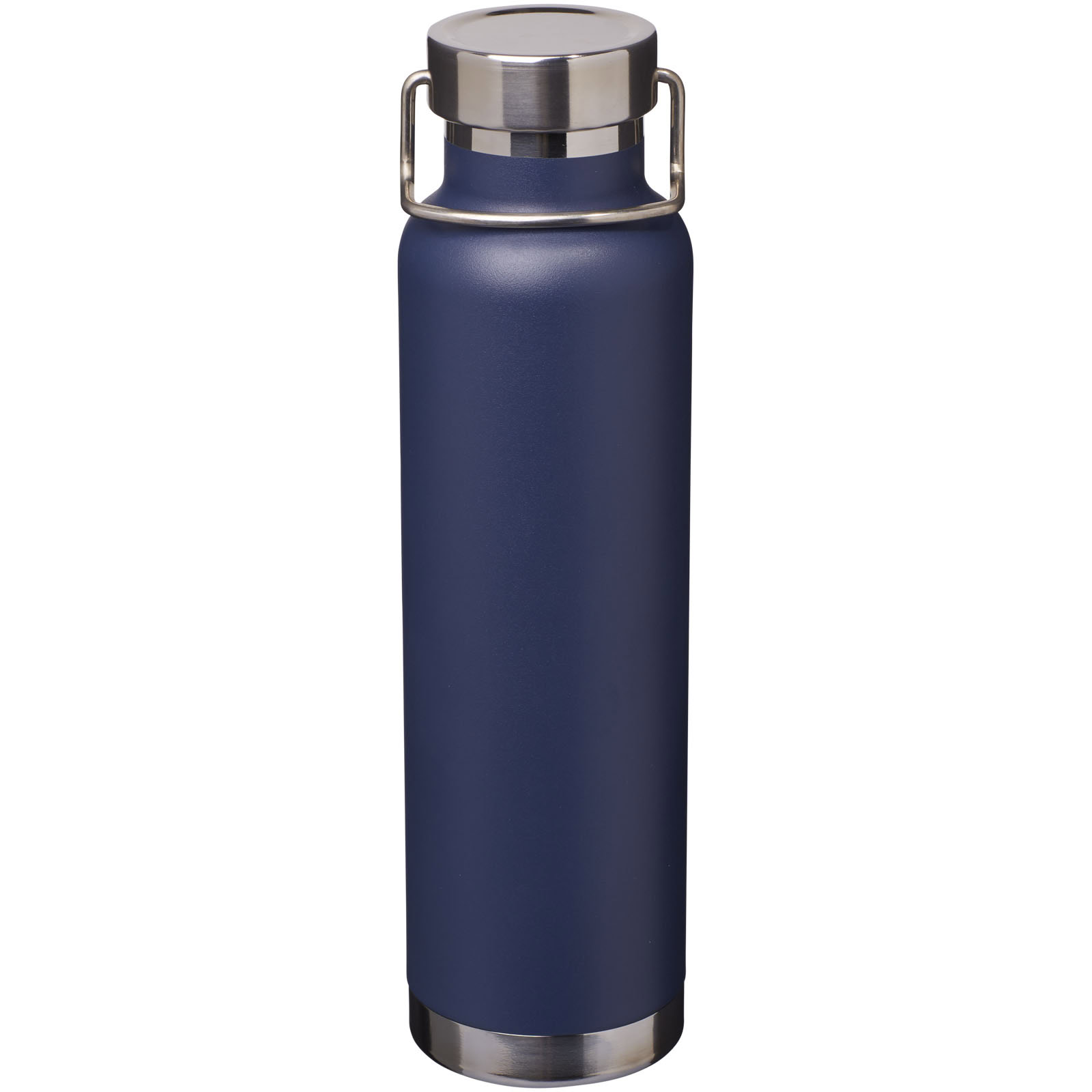Navy blaue Vakuum-Isolierflasche mit Edelstahlverschluss.