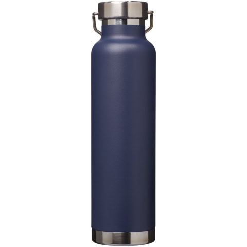 Navy blaue Vakuum-Isolierflasche mit Edelstahlverschluss.