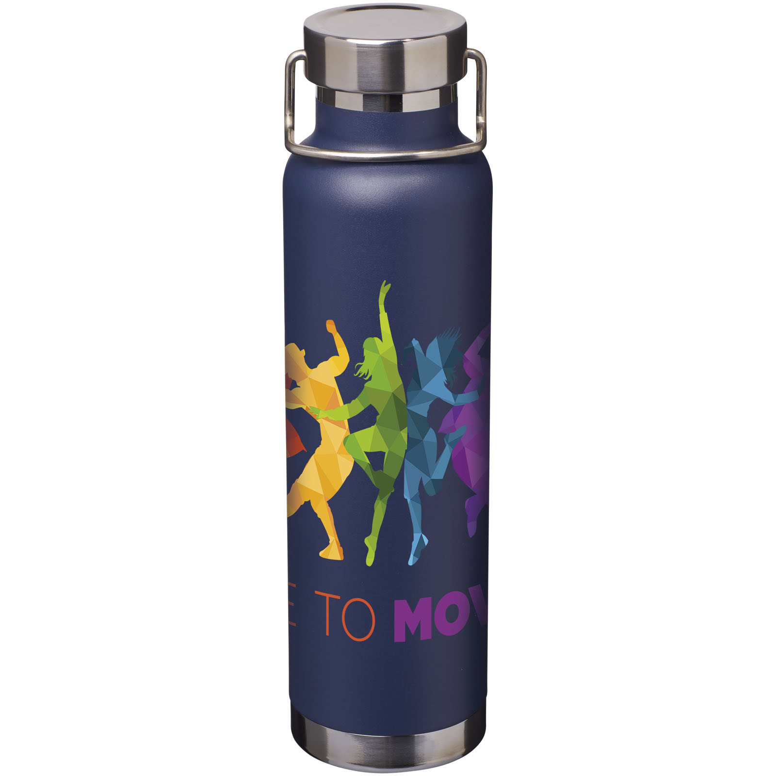 Bunte Isoliersportflasche mit tanzenden Figuren und Motiv.