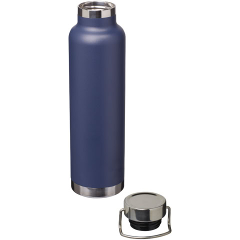 Navy blaue Vakuum-Isolierflasche mit Edelstahlverschluss.