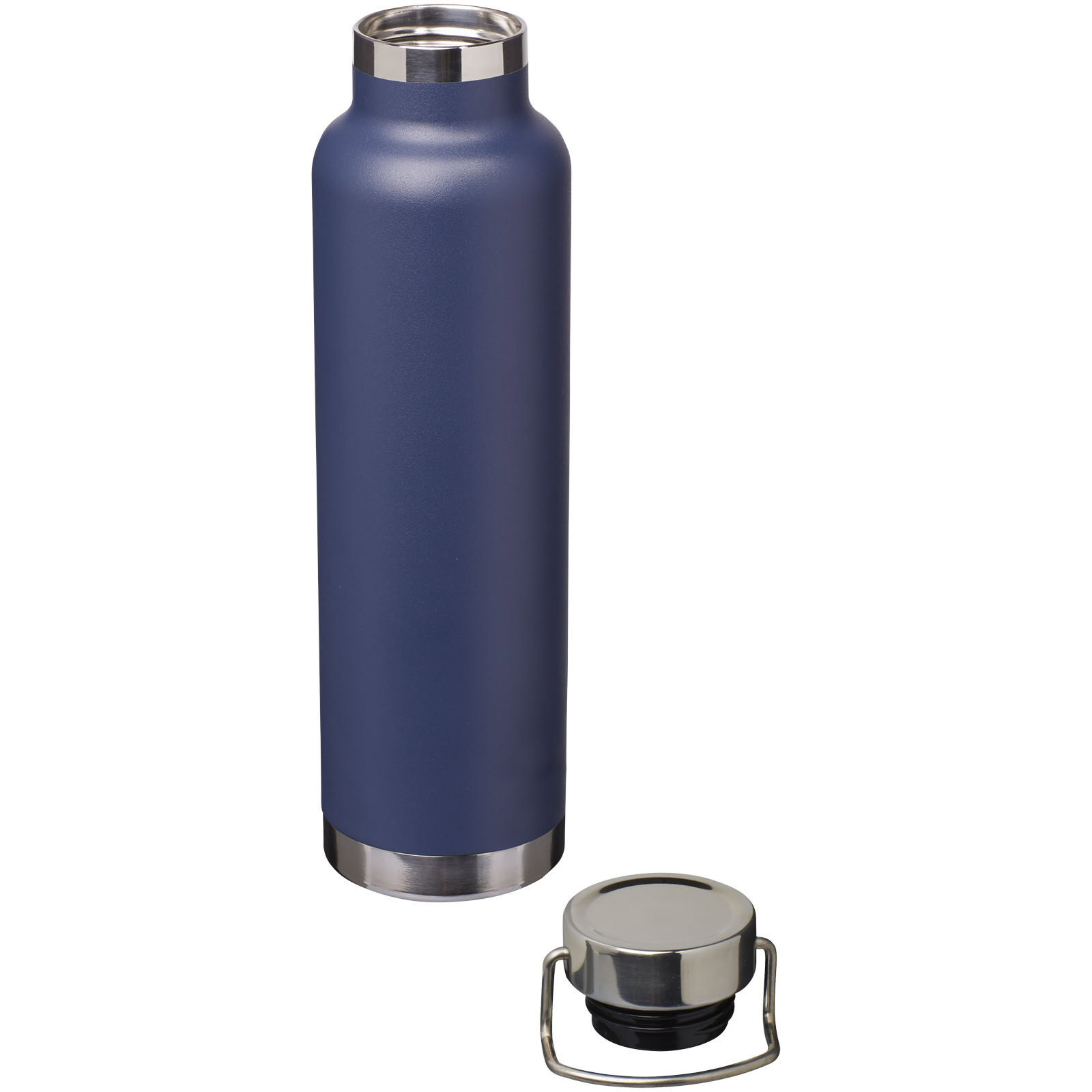 Navy blaue Vakuum-Isolierflasche mit Edelstahlverschluss.