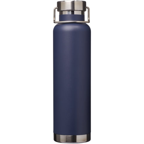 Navy blaue Isolierflasche mit Edelstahlverschluss, 650 ml Kapazität.