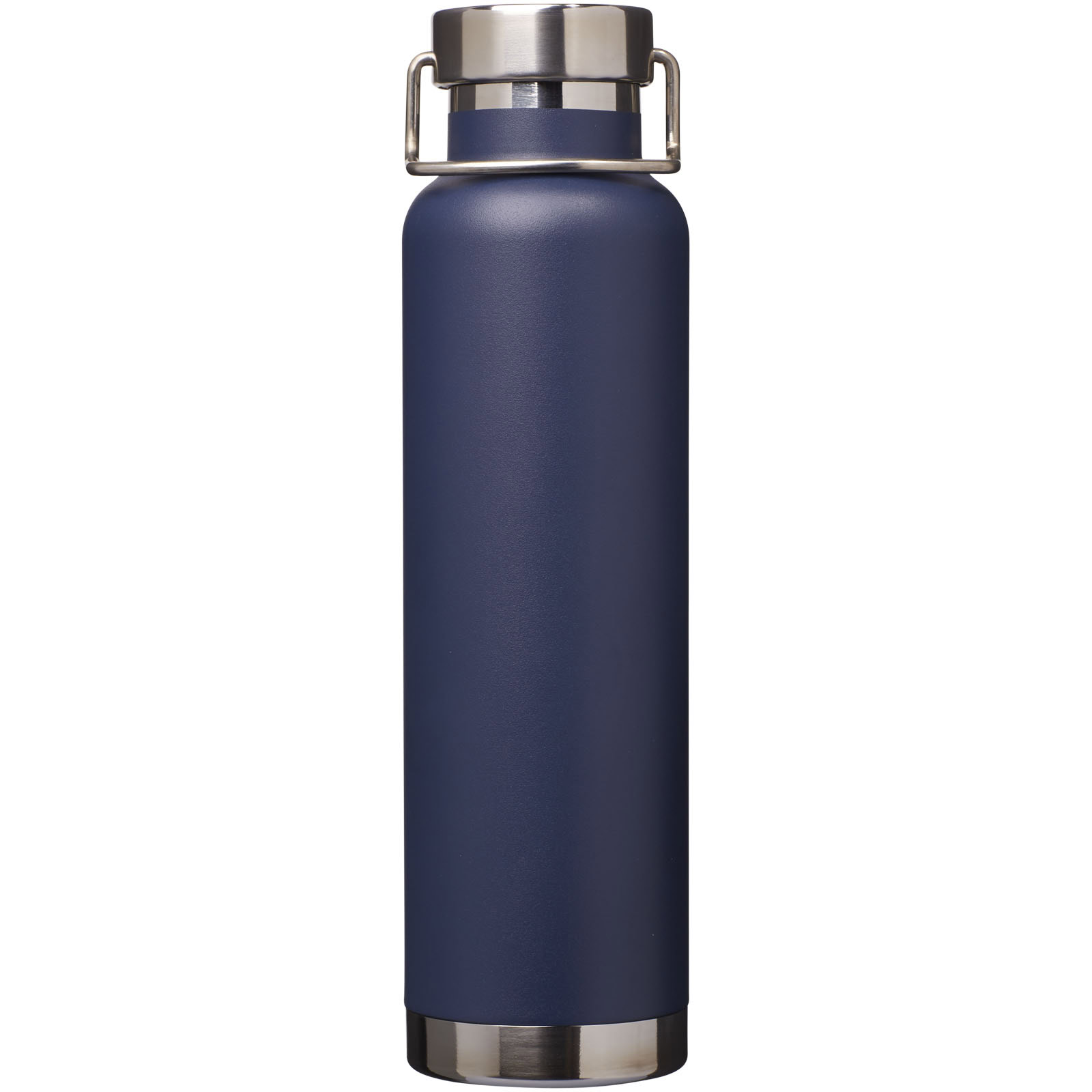 Navy blaue Isolierflasche mit Edelstahlverschluss, 650 ml Kapazität.