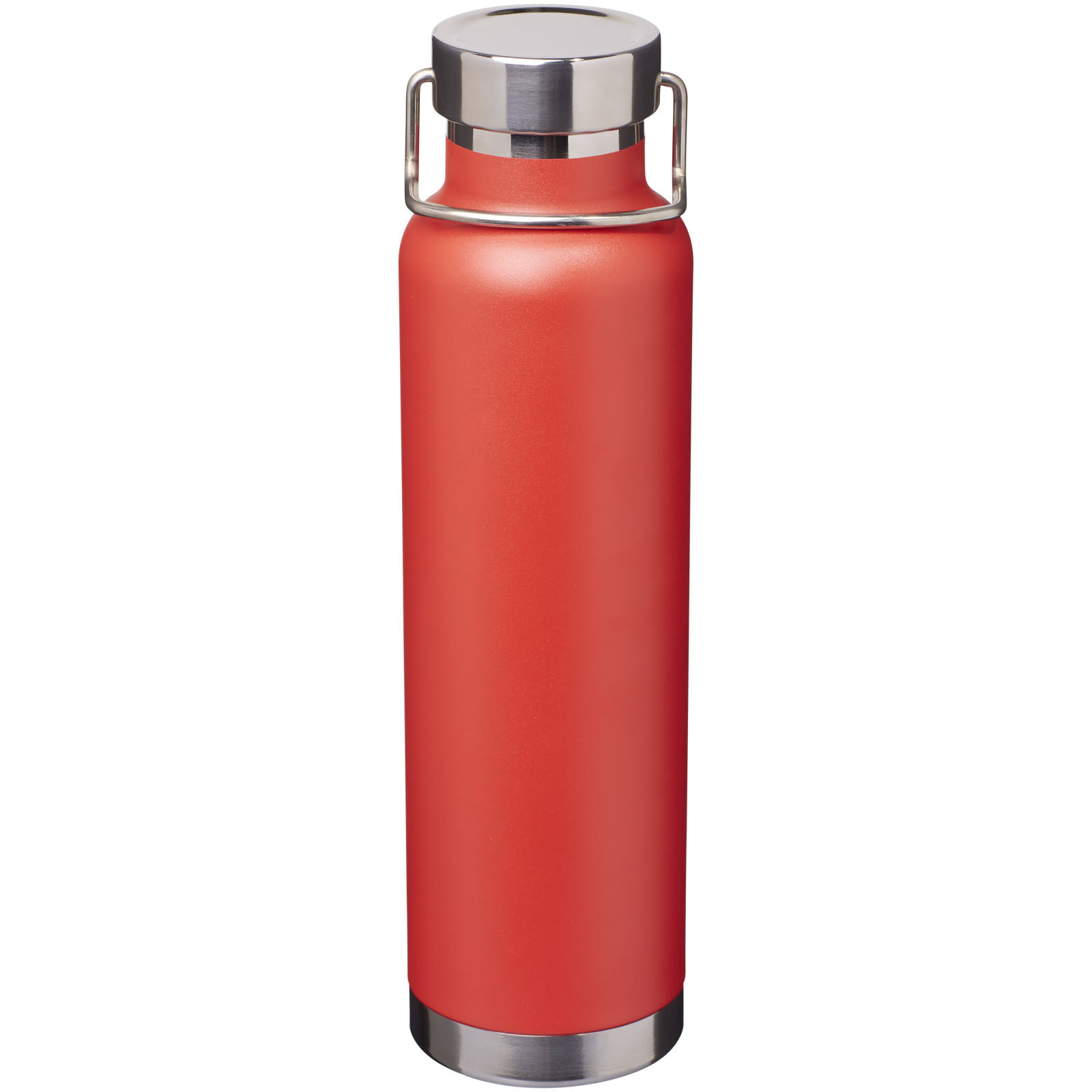 Rote Isolierflasche mit Edelstahlverschluss und Griff.
