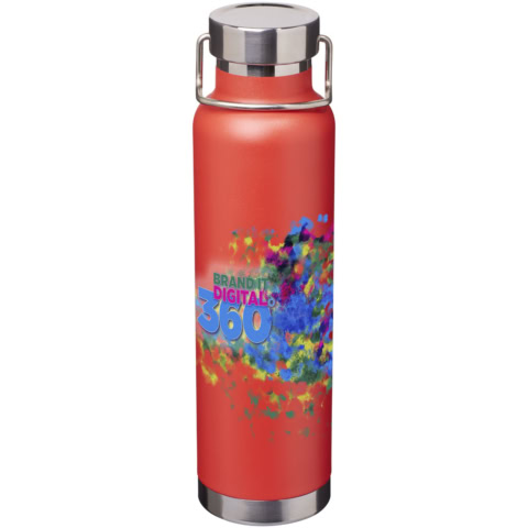 Rote Isolierflasche mit buntem Digitaldruck und Edelstahlverschluss.
