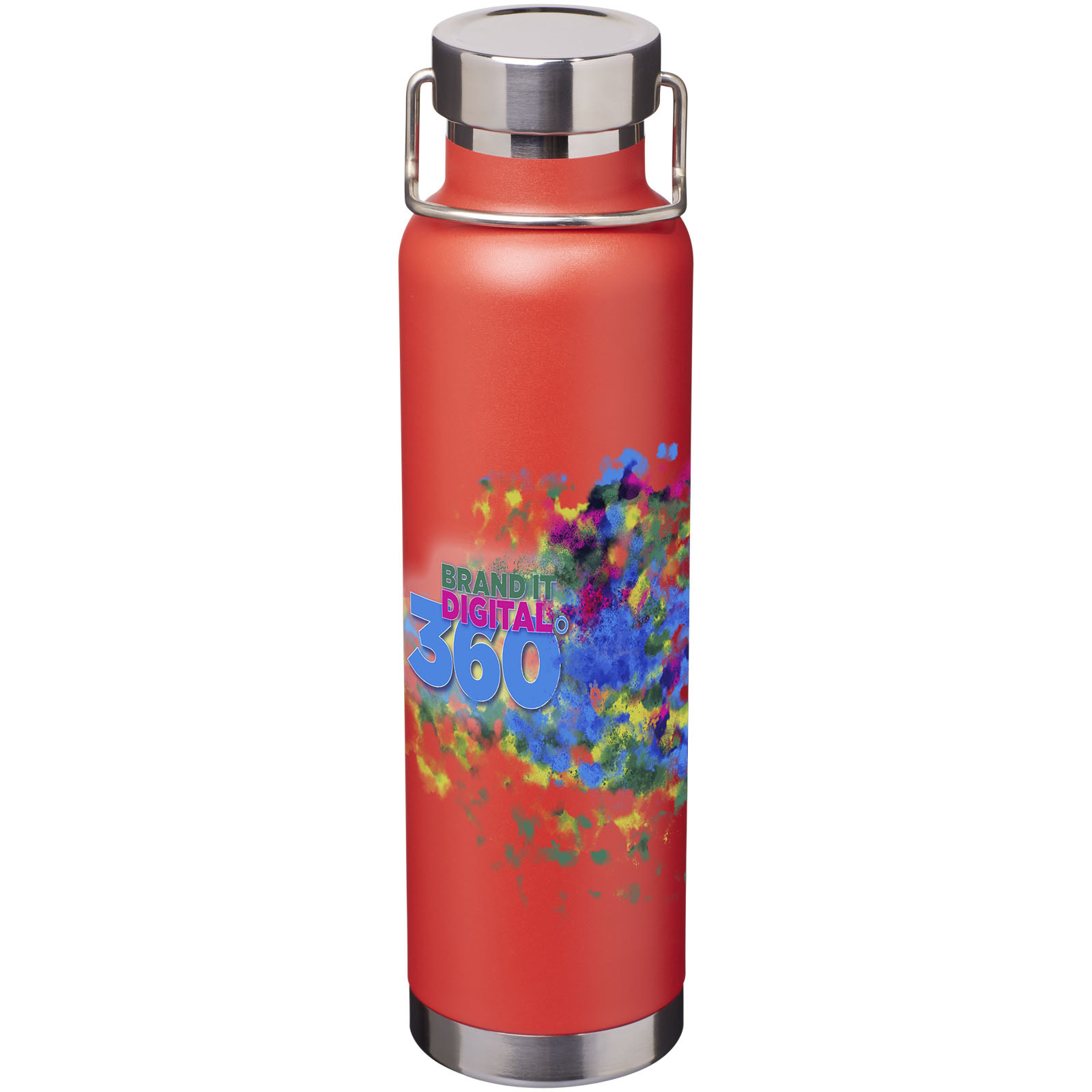 Rote Isolierflasche mit buntem Digitaldruck und Edelstahlverschluss.