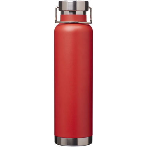 Rote Isolierflasche mit Edelstahlverschluss und Griff.