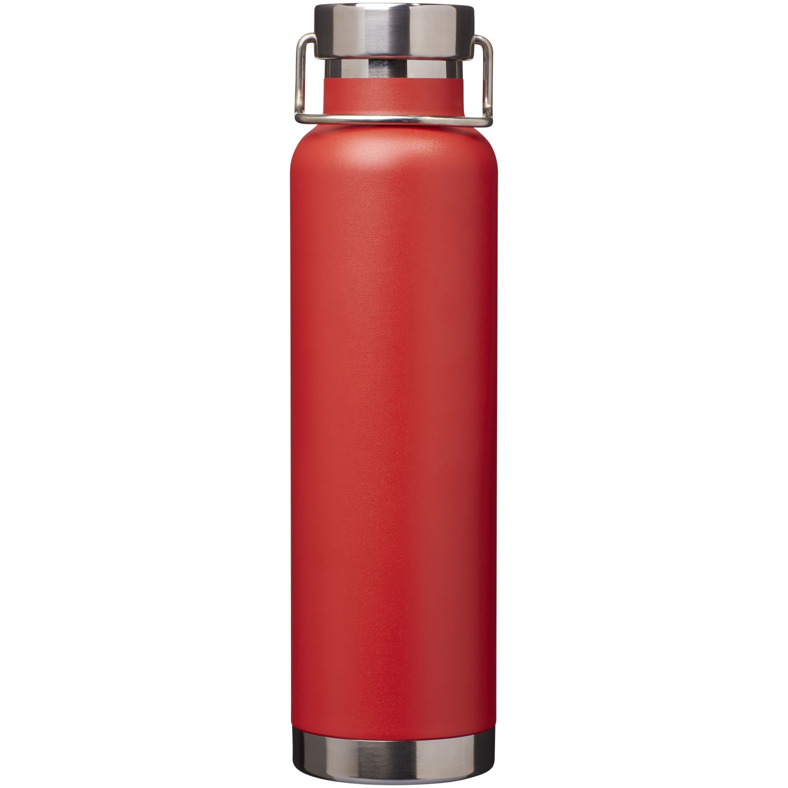 Rote Isolierflasche mit Edelstahlverschluss und Griff.