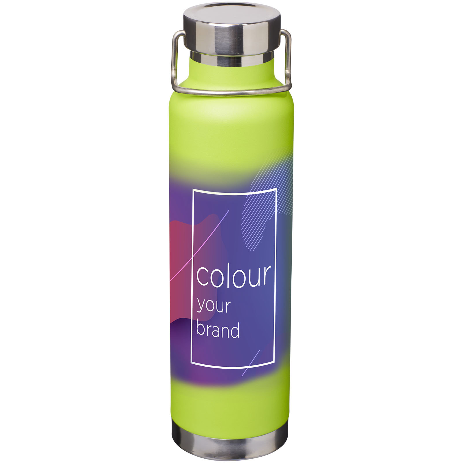Grüne Trinkflasche mit Logo-Design und Edelstahlverschluss.