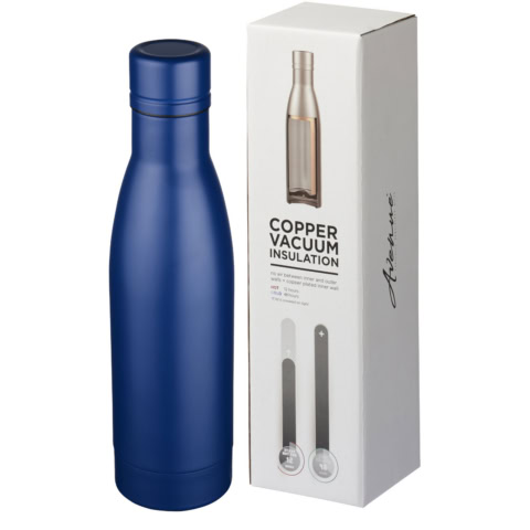 Blaue Kupfer-Vakuum Isolierflasche mit Verpackung.