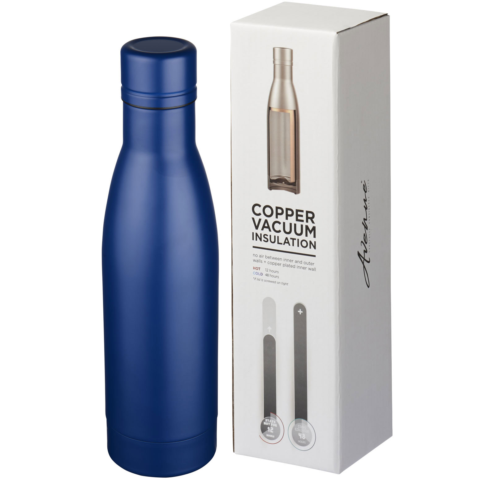 Blaue Kupfer-Vakuum Isolierflasche mit Verpackung.